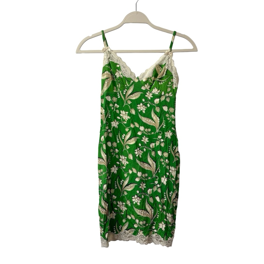 VTG Capucine Puerari Paris 90s Green Floral Lace Trim Slip Dress Size 2 French‎